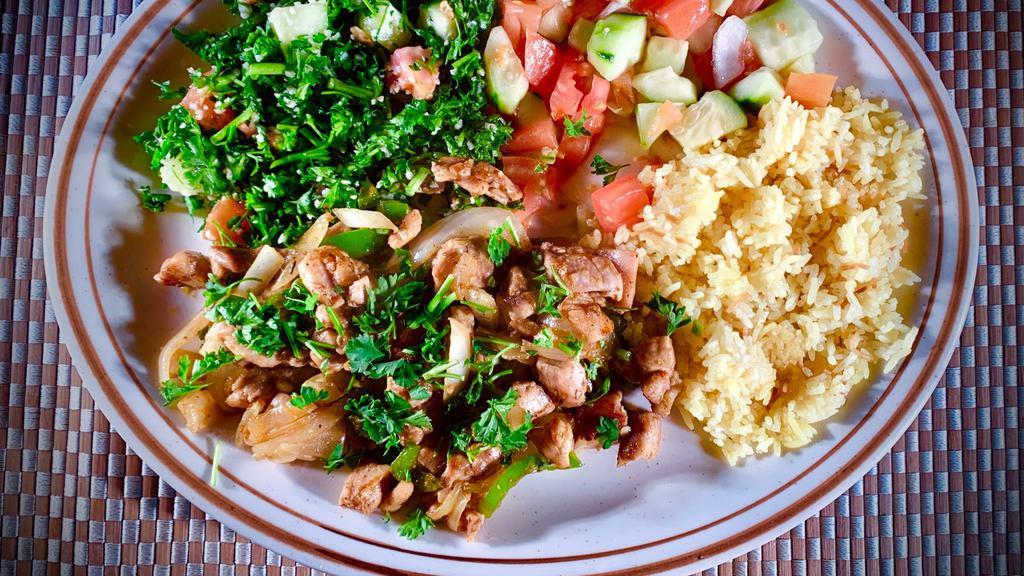 #3 Jerusalem Special · Chicken with chopped onion and bell pepper with our special seasoning. Includes rice, optional House Salad (Tabouli, Mediterranean Salad, Red and Green Pickled Cabbage, Potato Salad and Salsa).
