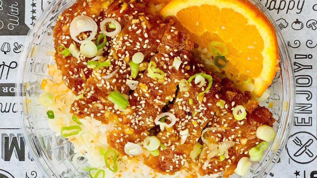 Orange Chicken  · White Rice, House-Made Orange Chicken, Orange Slices, Green Onion, Sesame Seeds