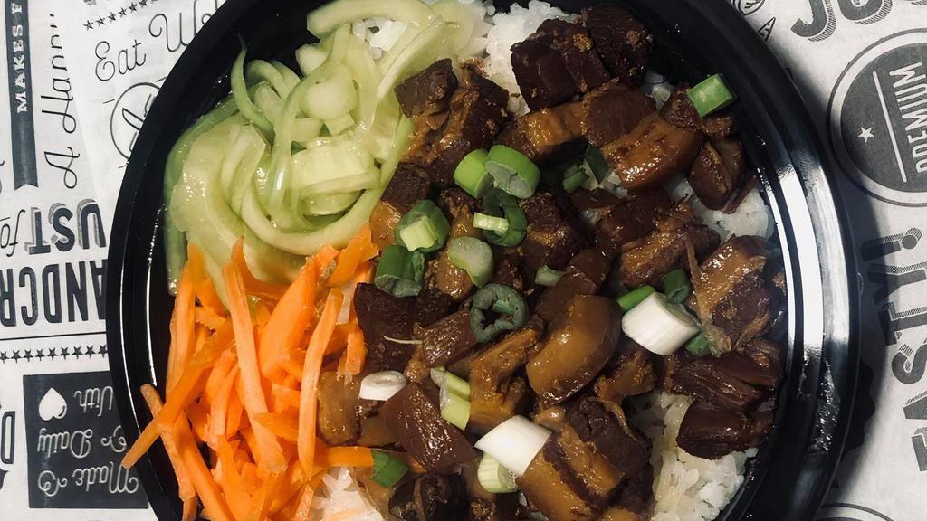 Chashu Style Pork Belly · Chashu or Soy Sauce Based Pork Belly Served with White Rice, Cucumber, Carrots, and Green Onions