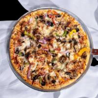 The King · Pepperoni, sausage, Canadian bacon, onions, fresh mushrooms, black olives, bell pepper mix (...