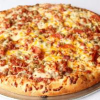 Meat & Cheese Deluxe · Pepperoni, sausage, beef, bacon, canadian bacon, cheddar and mozzarella.