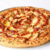 Maria'S Bbq Chicken · Sweet bbq sauce, roasted chicken, red onions, bacon, cheddar and mozzarella cheese.