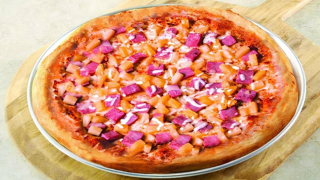 Hawaiian Pizza · Pizza sauce topped with ham, pineapple chunks and an extra amount of our special blend of cheeses.