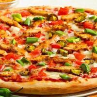 Chicken Fajita Pizza · Pizza sauce topped with grilled chicken, tomatoes, green peppers, onions, jalapeño peppers a...