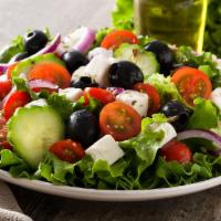 Greek Salad · Romaine lettuce topped with tomatoes, cucumbers, olives, feta cheese.