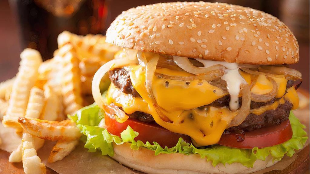 Bb'S Double Cheeseburger · Two beef patties with cheese on a hamburger bun, topped with lettuce, tomato, pickle, ketchup and mayo.