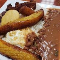 Bandeja Paisa · Grilled steak, sausage, fried egg, fried pork grinds, sweet plantain, avocado, rice and beans.