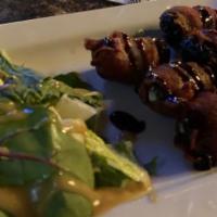 Bacon Wrapped Dates · Gorgonzola stuffed, wrapped in bacon & drizzled with balsamic glaze.