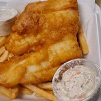 Fish & Chips · Fresh Fried Fish & Chips 
Healthy Portion
Served with Cole Slaw and Tartar Sauce