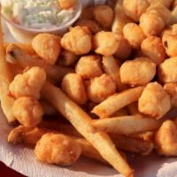 Fried Bay Scallops · Fresh Fried Bay Scallops
served with French Fries Cole Slaw and Tartar Sauce