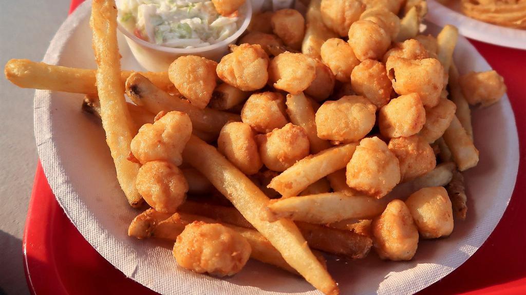 Fried Bay Scallops · Fresh Fried Bay Scallops
served with French Fries Cole Slaw and Tartar Sauce