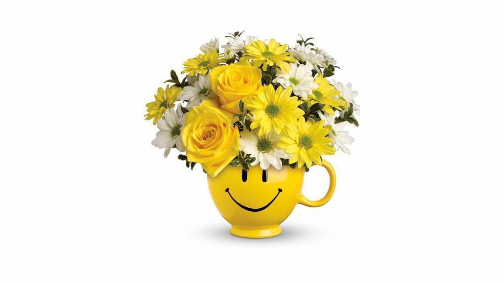 Be Happy Bouquet · Cheer someone up - or just share a happy thought. Our joyful mug arrives brimming with yellow and white daisies and roses. It's like delivering a smile to their doorstep.