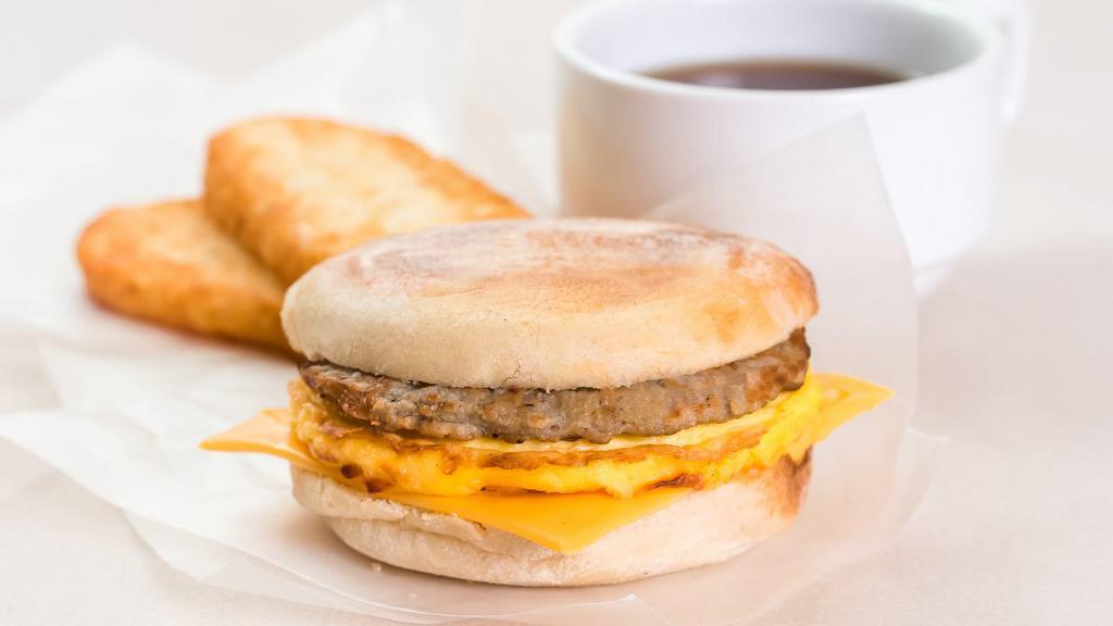 Breakfast Sandwich · Your choice of cheese, meat with a fluffy scrambled egg, sandwiched between two jumbo, toasted, Texas size English muffins.