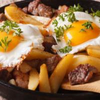 Eggs & Potatoes · Three eggs cooked your way, with a hefty portion go our house breakfast potatoes.