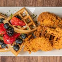 Chicken And Waffles · Delicious buttermilk waffle and three chicken wings fried to perfection.