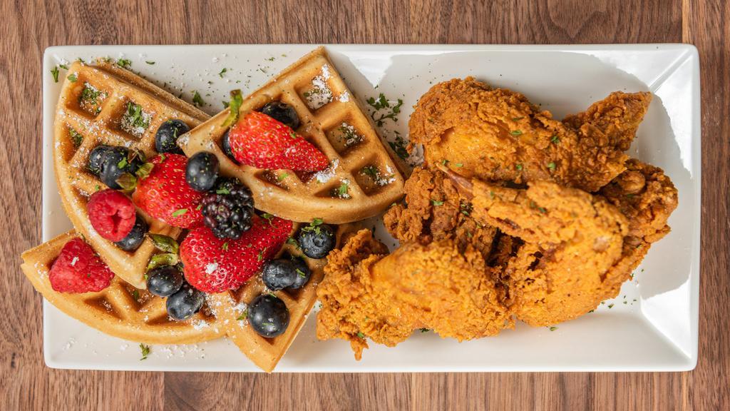 Chicken And Waffles · Delicious buttermilk waffle and three chicken wings fried to perfection.