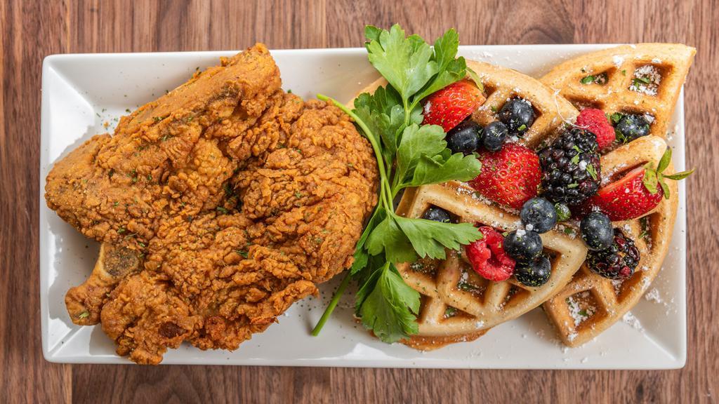 Pork Chop And Waffles · Delicious buttermilk waffle and a center cut country fried pork chop.