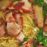 Egg Noodle · Egg noodle with chinese bbq pork, fish ball, and bean sprouts. Topped with fried garlic, cil...