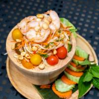 Papaya Salad · Grilled shrimp, green bean, tomato, carrot, garlic roasted peanut, fish sauce. Lime and thai...