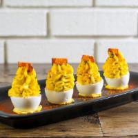 Deviled Hen Eggs · bread & butter pickle relish, hickory smoked bacon