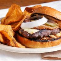 The Burger With House Chips · Most popular. Premium ground beef, cheese, bacon, road sauce, onions, house-made Portuguese ...