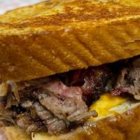 Brisket Grilled Cheese, Chips, Drink · 