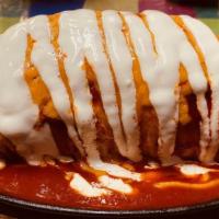 Wet Burrito · Rice, beans, cheese with choice of chicken, steak, or pulled pork covered with our red sauce...