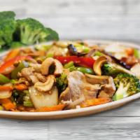 Pad Cashew Nut · Broccoli, bell peppers, carrots, celery, onion, cashews, and roasted chilies. Served with Ja...