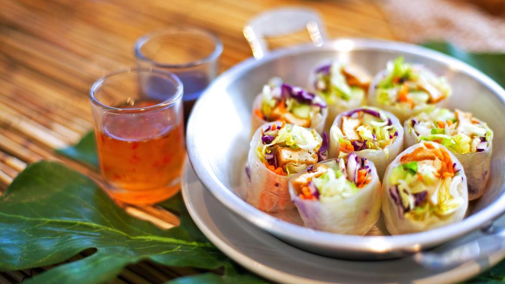 Fresh Spring Rolls · Lettuce, carrot, cucumber, tofu, red cabbage wrapped in rice paper and served with our both homemade hoisin sauce and sweet & sour sauce.
