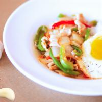 Fried Garlic With Fried Egg · Stir fried garlic, bell pepper, corn and onion served over rice with fried egg.