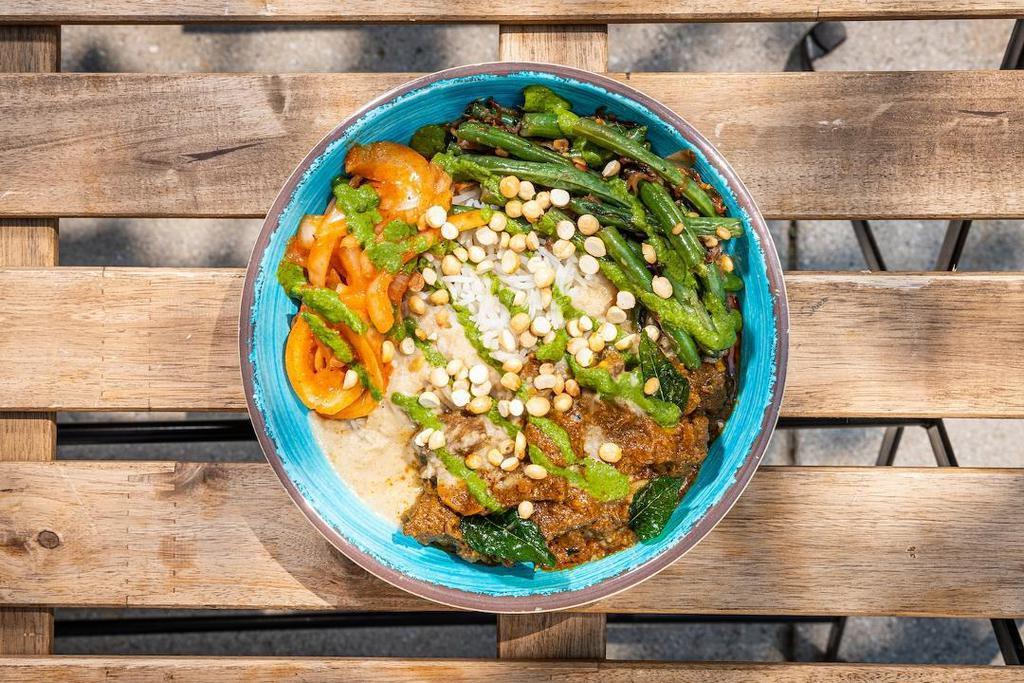 Goa Your Own Way · spiced beef | coconut ginger sauce | basmati rice | tossed green beans | pickled onions | tomato chutney | mint cilantro chutney | roasted lentils. [gf]