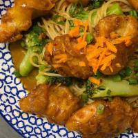 Crispy Thai Chicken Bowl · Shredded sweet carrots, green scallions and broccoli stir fired with noodles and tossed in o...