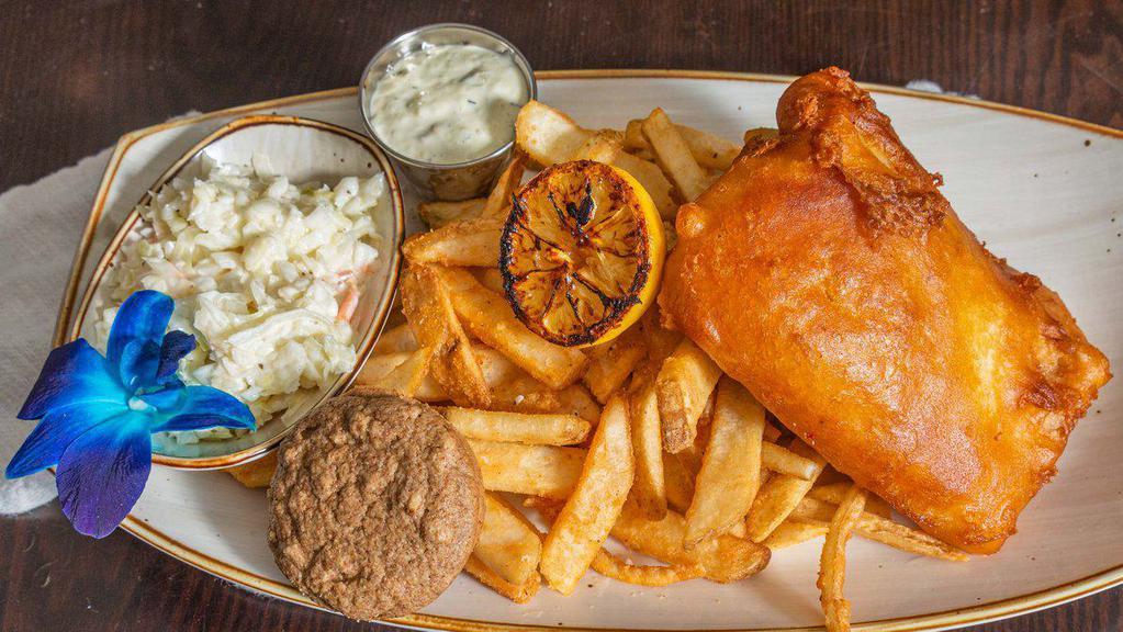 Beer Battered Fish-N-Chips · Irish Lager battered fresh Atlantic Cod, battered pub fries, house dill tartar and coleslaw