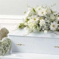 Petite Casket Piece (Standard) · Small all white casket piece and small heart of babies breath. With cherub. Product ID: JHS-...