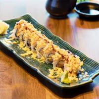 Tokyo Mama Roll · Shrimp tempura, cucumber, mayo topped with spicy crab and tempura bits with special house sa...