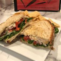 Grilled Chicken Pesto Panini · Grilled chicken, roasted red peppers, provolone cheese, onion, spinach & pesto mayo, toasted