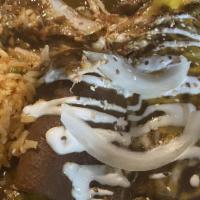 Chicken Mole Enchiladas · Shredded chicken wrapped in two corn tortillas and  smothered with mole sauce.  Topped with ...
