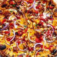Gold Digger Pizza · Mustard bourbon BBQ, sharp cheddar & shredded mozzarella, crispy chicken, bacon, peppadew pe...