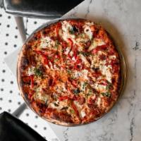 Spice, Spice, Baby Pizza · Arrabbiata base, ricotta, shredded and fresh mozzarella, basil, roasted red peppers, pulled ...