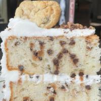 Chocolate Chip Cookie Cake · White cake with chocolate chips, iced with vanilla buttercream topped with chocolate chip co...