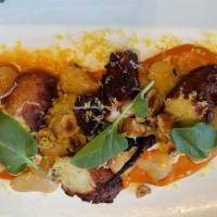 Charred Octopus · Crispy Herb Polenta, Romesco Sauce, Shoemaker Hazelnuts