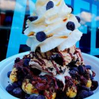 Bmore Foodie Waffle · Oreos, chocolate chips, hazelnut drizzle, one scoop of coffee oreo ice cream, maple whipped ...