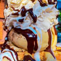 Gimme S'Mores Waffle · Graham cracker crumbs, marshmallow fluff, chocolate drizzle, one scoop of honey graham ice c...