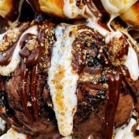 Extreme Campfire S'Mores Sando · 2 MINI Waffles, Reese's Chunks, Graham Cracker Crumbs, Marshmallow Fluff, Nutella, Chocolate...