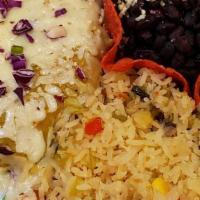 Enchiladas Guadalajara · A shredded beef enchilada with salsa roja, a chicken enchilada with salsa verde topped with ...