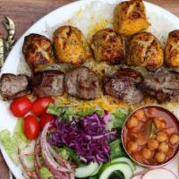 No 9. Chicken & Lamb Combo · One Skewer of Chicken & One Skewer of Lamb skewer served as a platter.