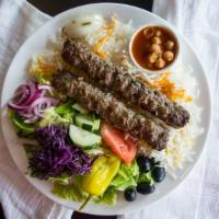 Ground Beef Kabob Salad · Ground beef two skewers withMix Green & Iceburg lettuce : Cucumber Onion Tomato feta cheese ...