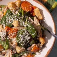 Spin(Ach) Me Right Round · spinach, turkey, garlic roasted carrots, marinated mushrooms, garlic croutons, feta, sherry ...