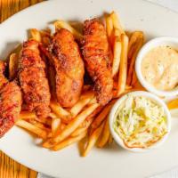 Fish & Chips · 4 pieces of cod, beer battered and fried to golden brown, served with fries and coleslaw.