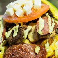Texan French Fries · FRENCH FRIES BOWL TOPPED WITH BEEF (4 OZ), CHICKEN (4 OZ), ELGUIN SAUSAGE TOPPED WITH AVOCAD...
